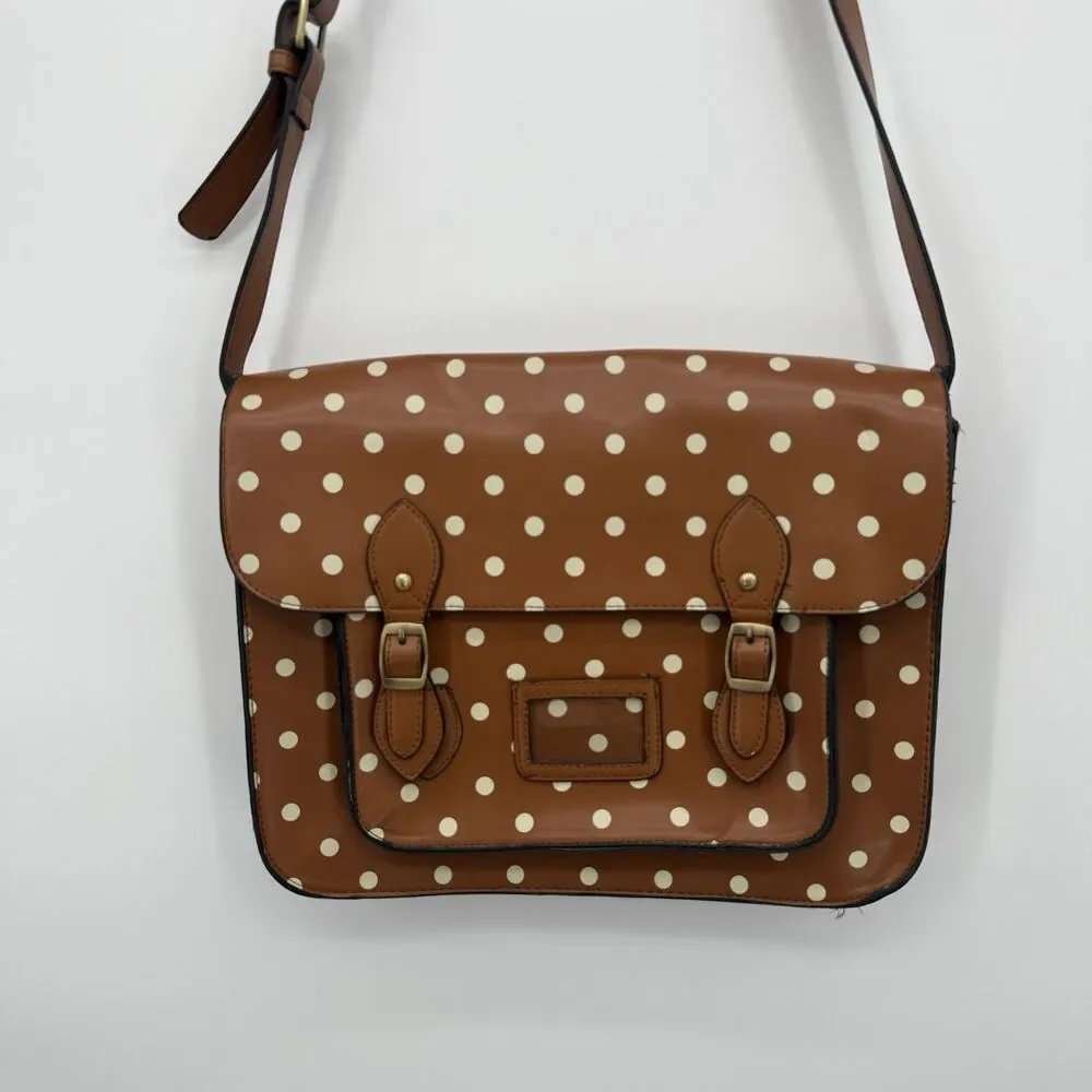 LYDC London Tan & White Polka Dot Satchel Bag Crossbody Vintage